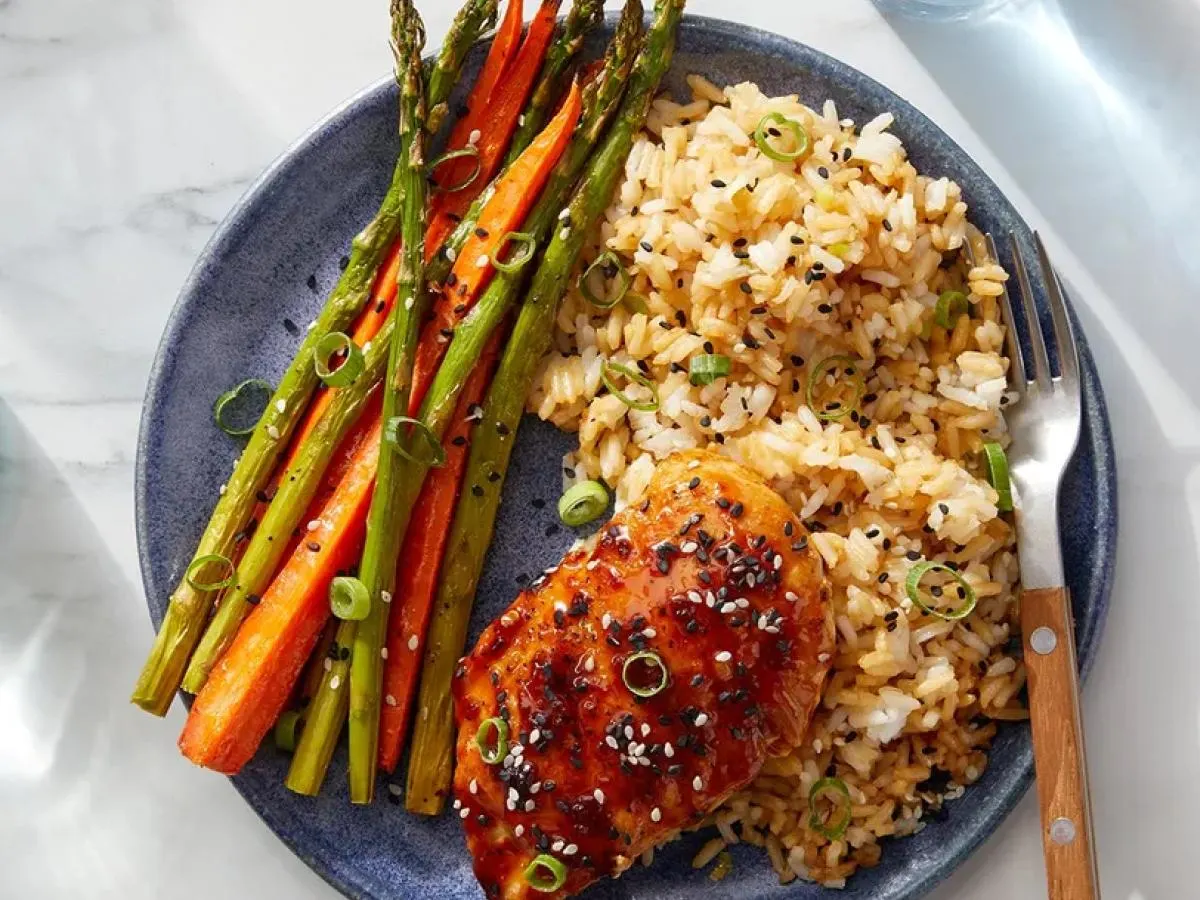 Soy Glazed Chicken with Kimchi Fried Rice and Assorted Veggies Soy Glazed Chicken with Kimchi Fried Rice and Assorted Veggies