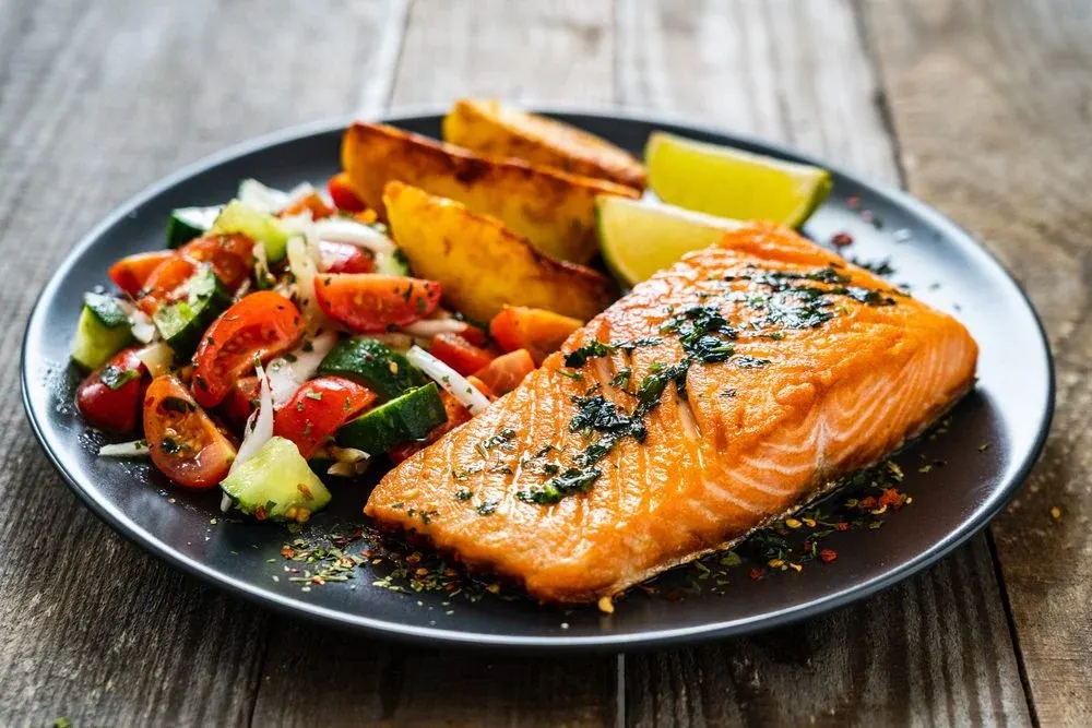 Grilled Salmon & Braised Chicken, Mediterranean Rice, Grilled Vegetables Grilled Salmon & Braised Chicken, Mediterranean Rice, Grilled Vegetables