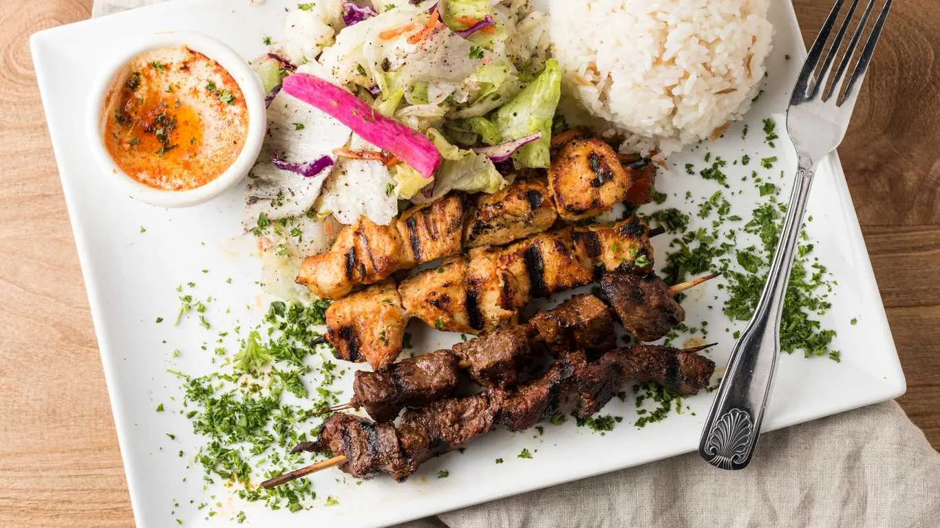 Gluten Free Halal Chicken & Beef Shish Kebab Plate (No Pita Bread, No Hummus) Gluten Free Halal Chicken & Beef Shish Kebab Plate (No Pita Bread, No Hummus)