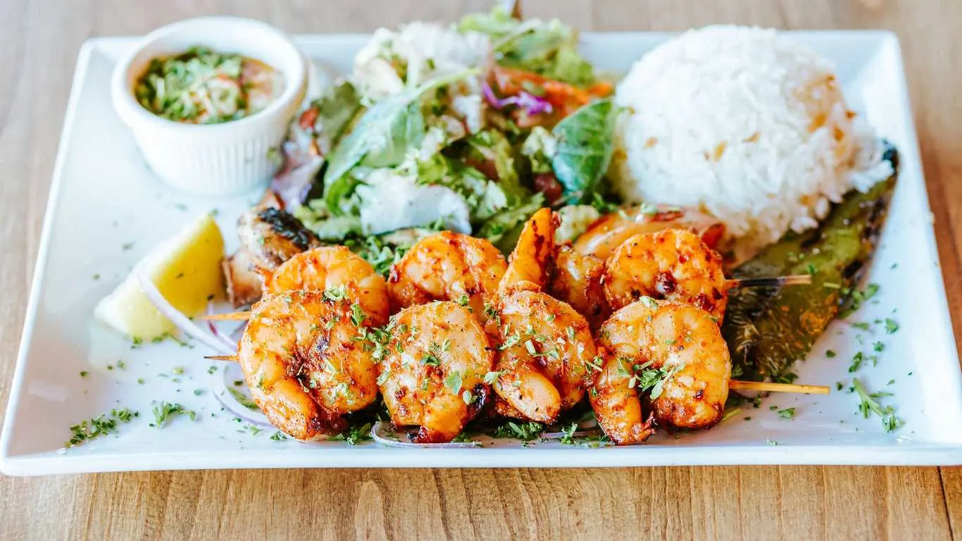 Gluten Free Prawn Kebab Plate (No Pita Bread, No Hummus) Gluten Free Prawn Kebab Plate (No Pita Bread, No Hummus)