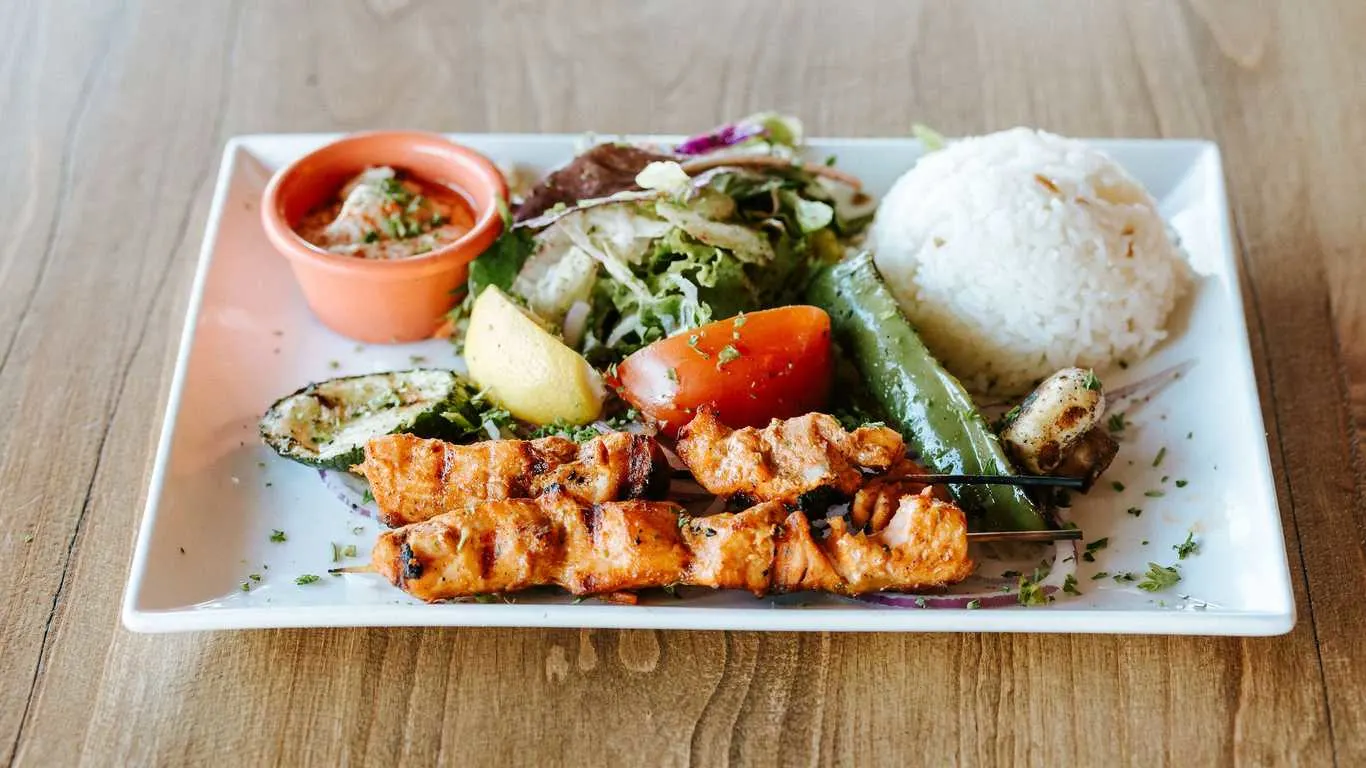 Gluten Free Salmon Kebab Plate (No Pita Bread, No Hummus) Gluten Free Salmon Kebab Plate (No Pita Bread, No Hummus)