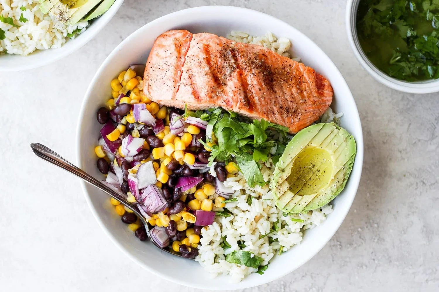 Salmon with Tomatillo Salsa, Spanish Rice, and Black Beans Salmon with Tomatillo Salsa, Spanish Rice, and Black Beans