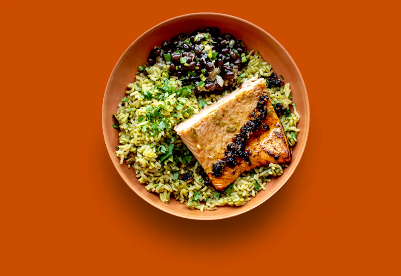 Halal Certified Salmon with Tomatillo Salsa, Spanish Rice, and Black Beans Halal Certified Salmon with Tomatillo Salsa, Spanish Rice, and Black Beans