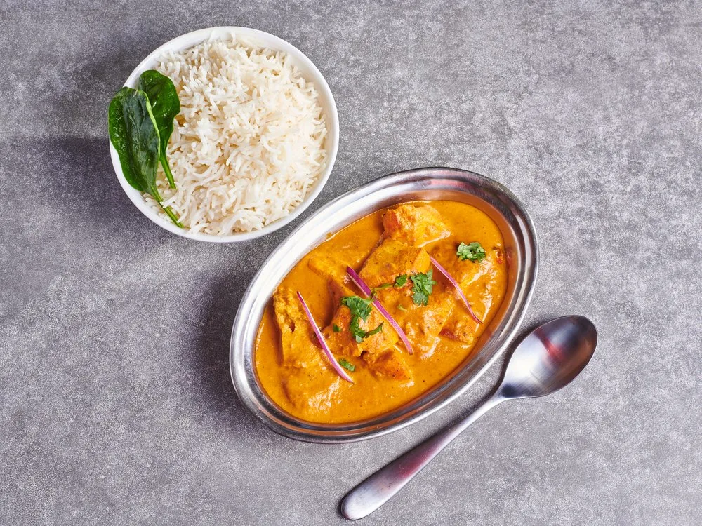 Paneer Tikka Masala with Basmati Rice and Vegan Samosa Paneer Tikka Masala with Basmati Rice and Vegan Samosa