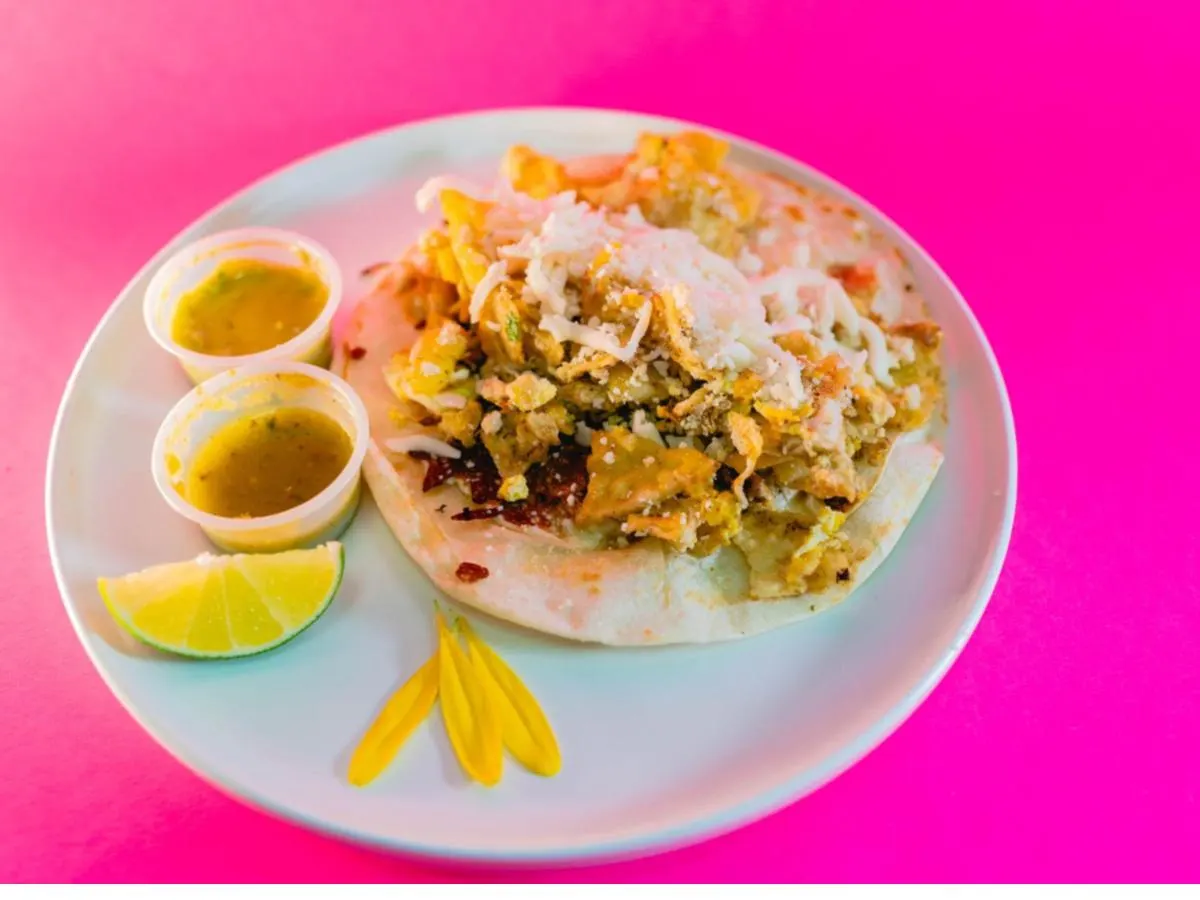 Sauteed Onions, Refried Black Beans, and Potato Vegan Taco on a Corn Tortilla