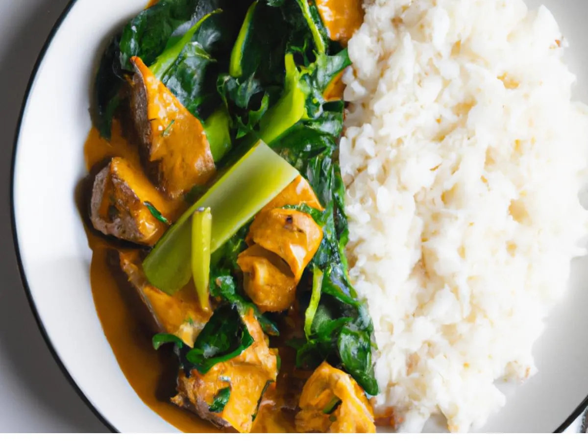 Plant Based Chicken in Curry Sauce with Steamed Rice and Bok Choy Plant Based Chicken in Curry Sauce with Steamed Rice and Bok Choy