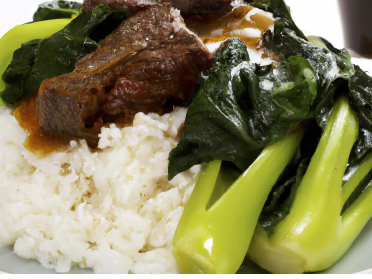 Braised beef with steamed rice and bok choy Braised beef with steamed rice and bok choy