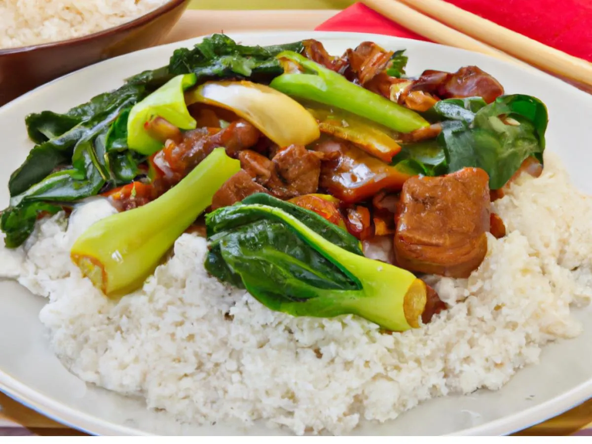 Kung pow pork with steamed rice and bok choy Kung pow pork with steamed rice and bok choy