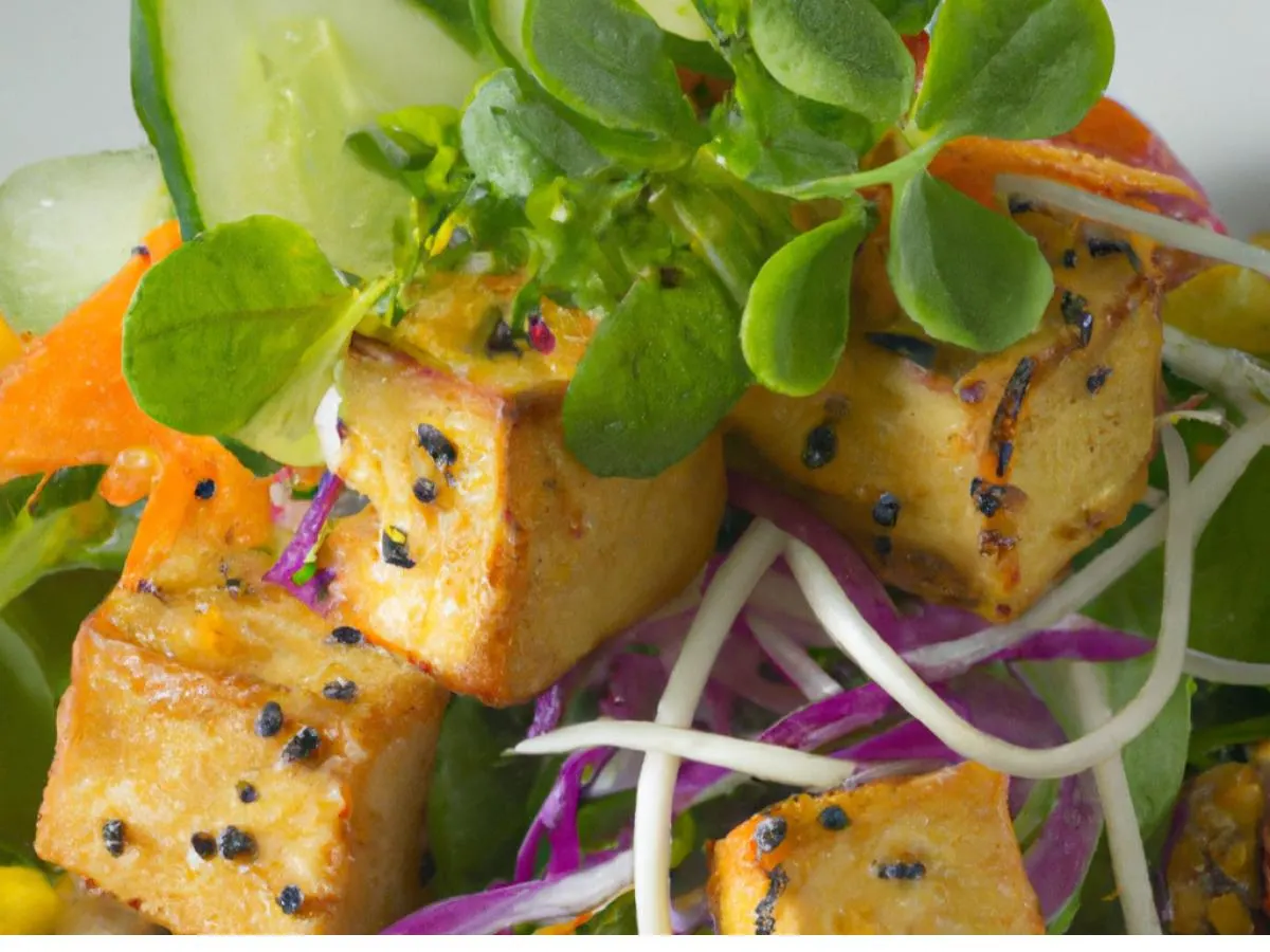 Fried Tofu with Spring Mix & Soy Ginger Dressing Fried Tofu with Spring Mix & Soy Ginger Dressing