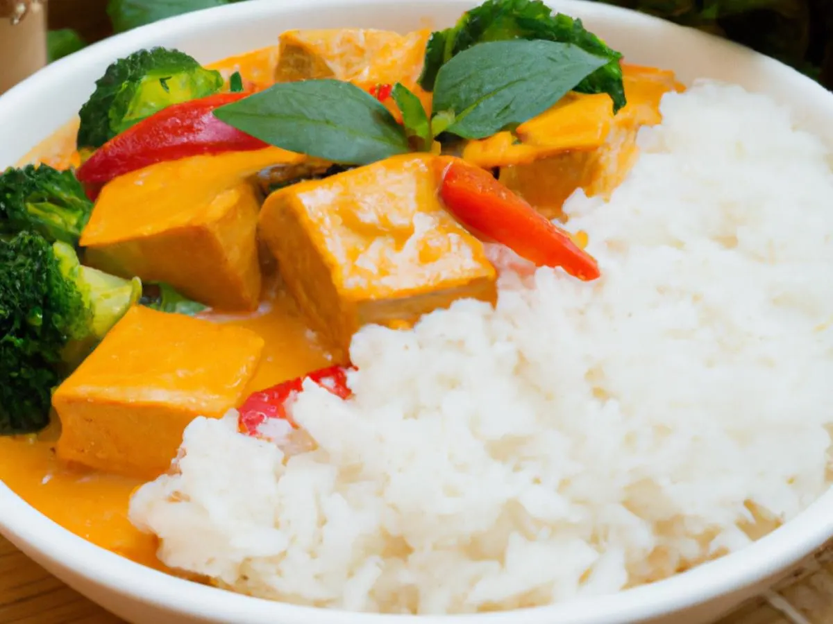 Red Curry Tofu with Steamed Rice and Broccoli Red Curry Tofu with Steamed Rice and Broccoli