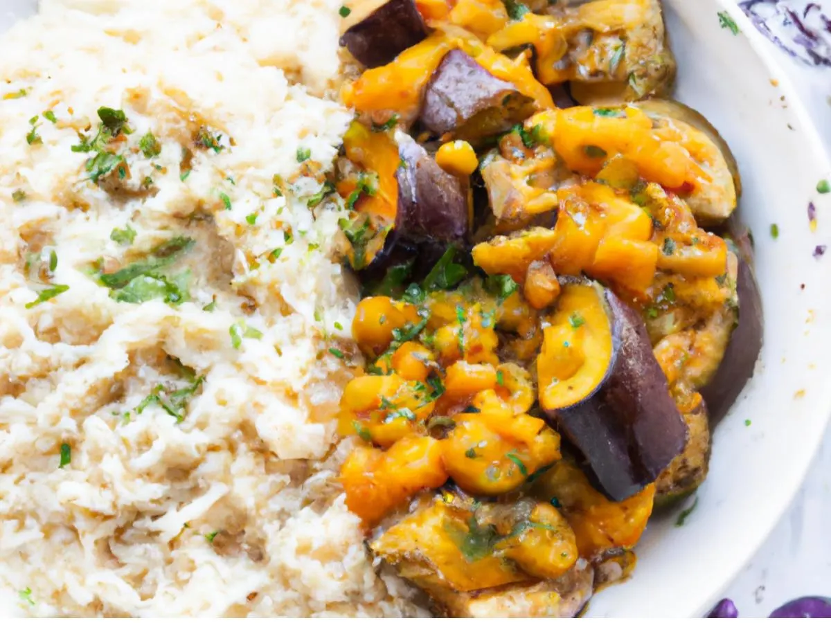 Vegan White Bean and Eggplant Stew with Golden Rice and Roasted Vegetables
