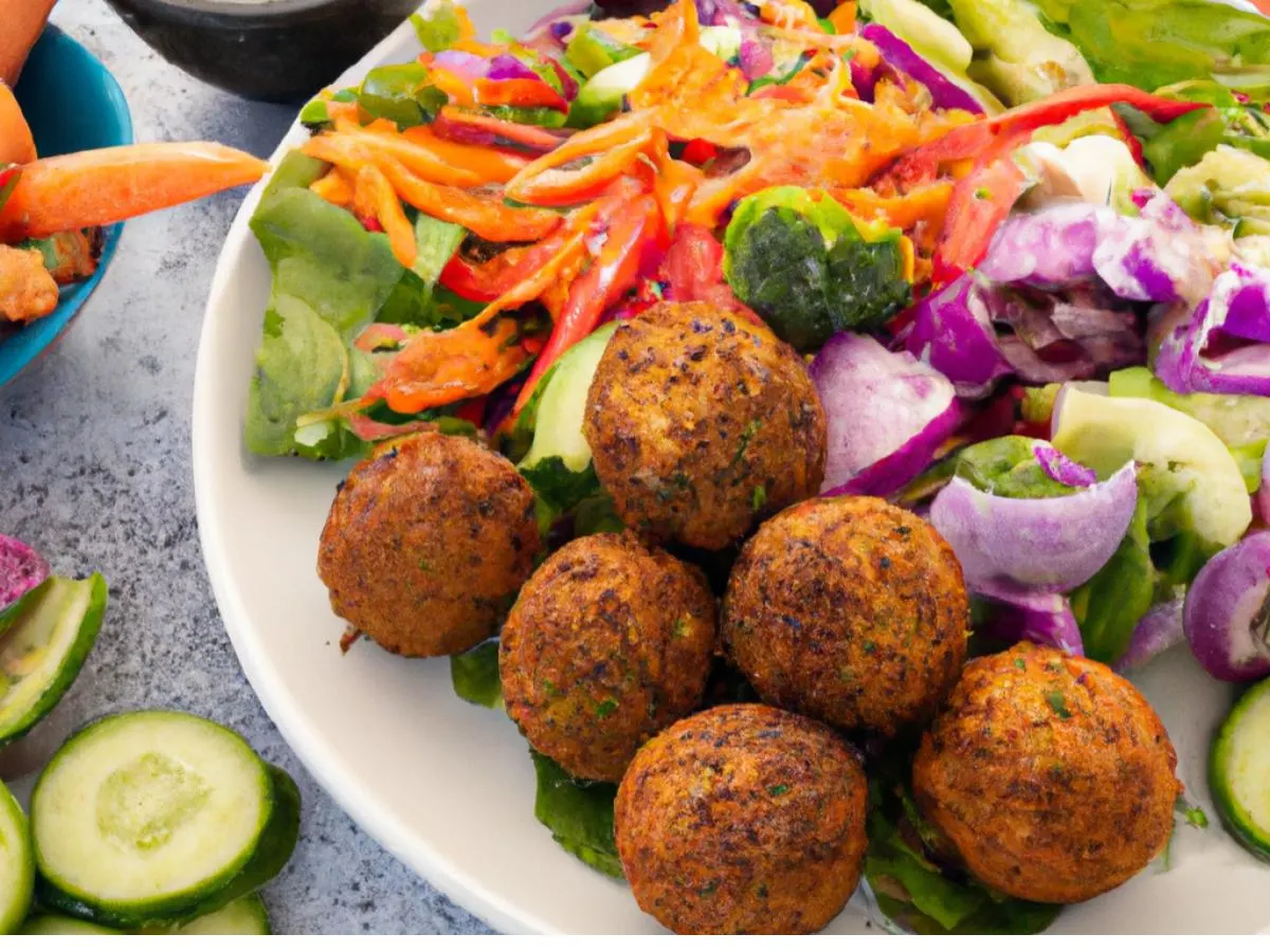 Falafel Balls With Grilled Vegetables and Garden Salad with Pita Falafel Balls With Grilled Vegetables and Garden Salad with Pita