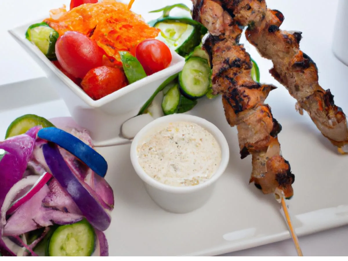 Light Carb Pork Souvlaki Sticks With Garden Salad and Tzatziki (No Pita) Light Carb Pork Souvlaki Sticks With Garden Salad and Tzatziki (No Pita)