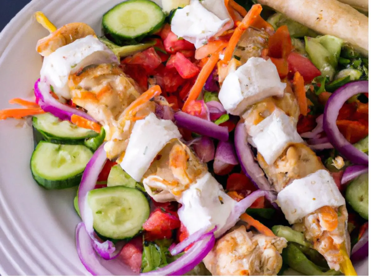 Light Carb Chicken Souvlaki Sticks With Garden Salad and Spicy Feta Spread (No Pita) Light Carb Chicken Souvlaki Sticks With Garden Salad and Spicy Feta Spread (No Pita)