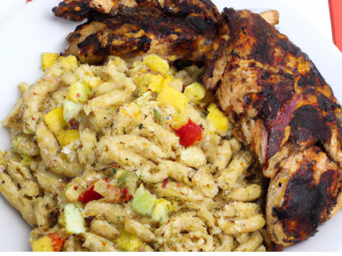 Jerk Chicken with Macaroni salad and Root Veg Medley Jerk Chicken with Macaroni salad and Root Veg Medley