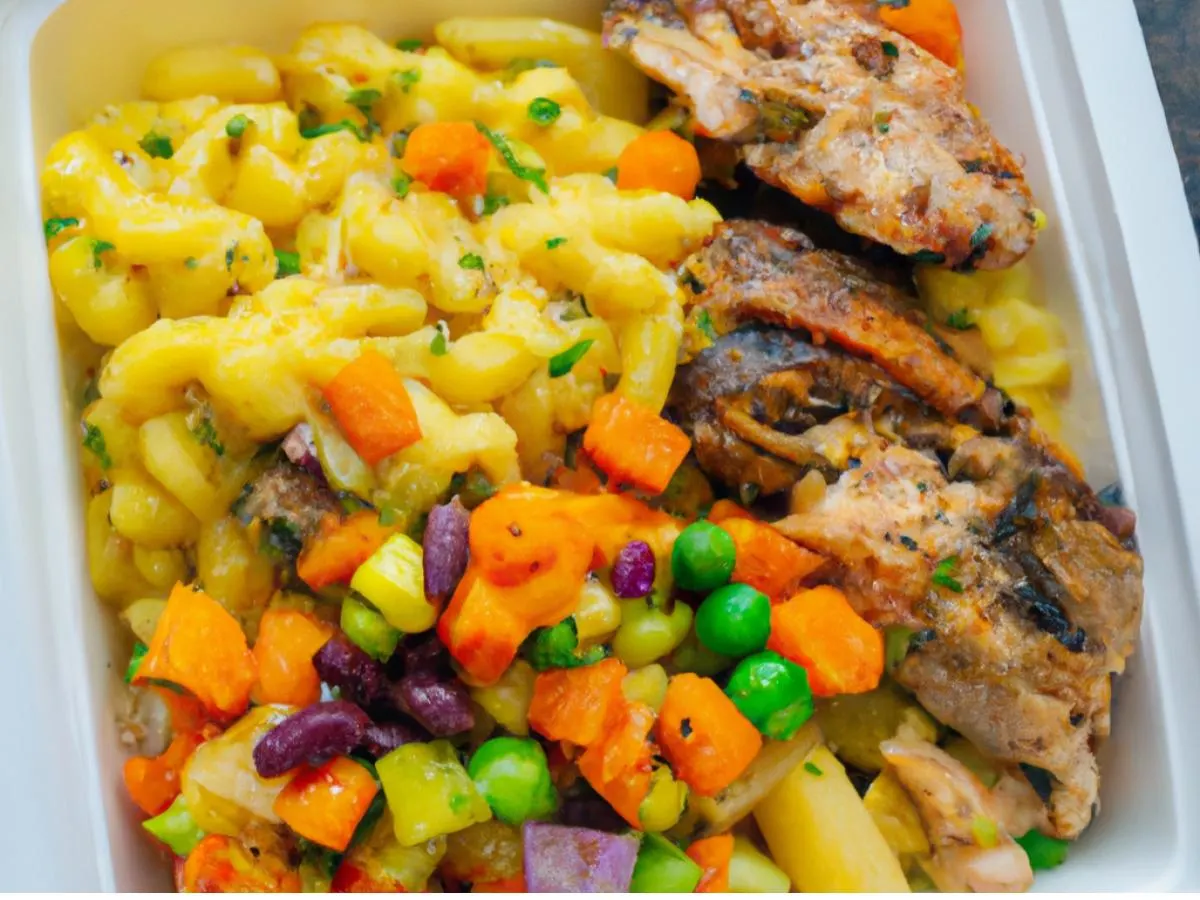 Jerk Chicken with Macaroni salad and Mixed Steam Veg Jerk Chicken with Macaroni salad and Mixed Steam Veg