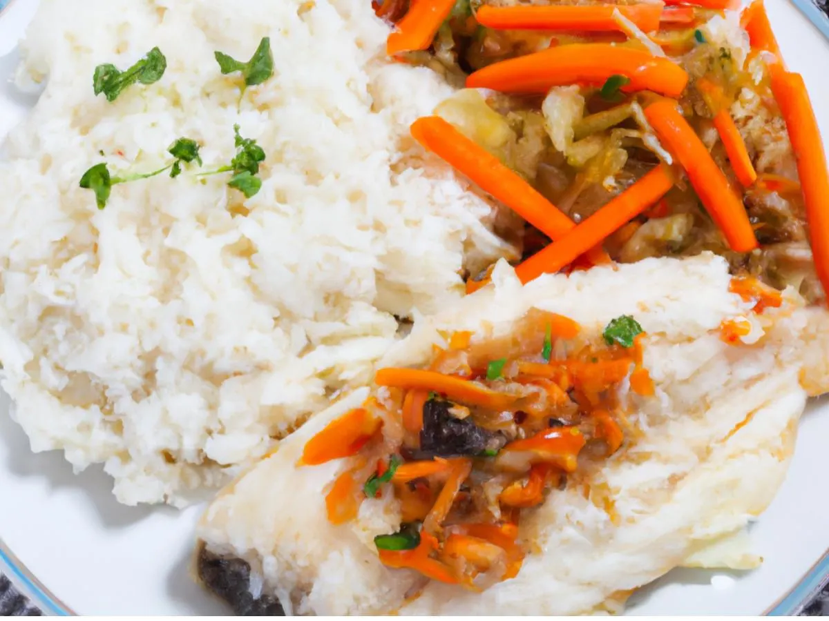 Stew Fish (White Fish Fillet) with White Rice and Mixed Steam Veg Stew Fish (White Fish Fillet) with White Rice and Mixed Steam Veg