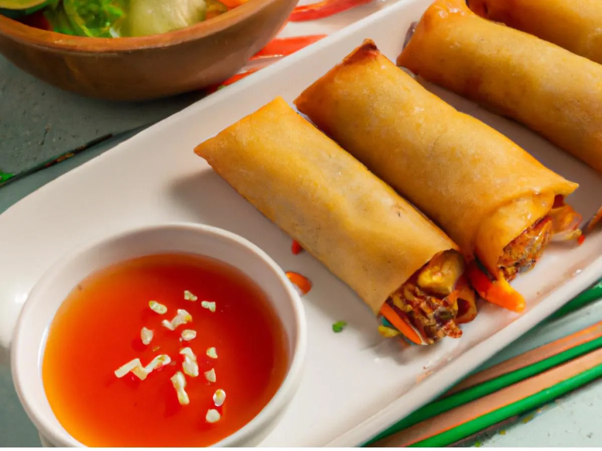 Crispy Vegetarian eggrolls with home made sweet-sour sauce Crispy Vegetarian eggrolls with home made sweet-sour sauce