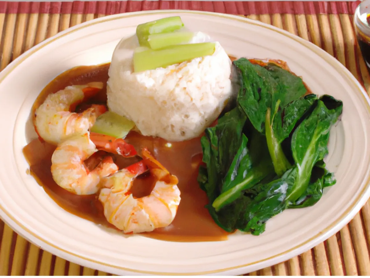 Shrimp in "lobster" sauce with steamed rice and bok choy Shrimp in "lobster" sauce with steamed rice and bok choy