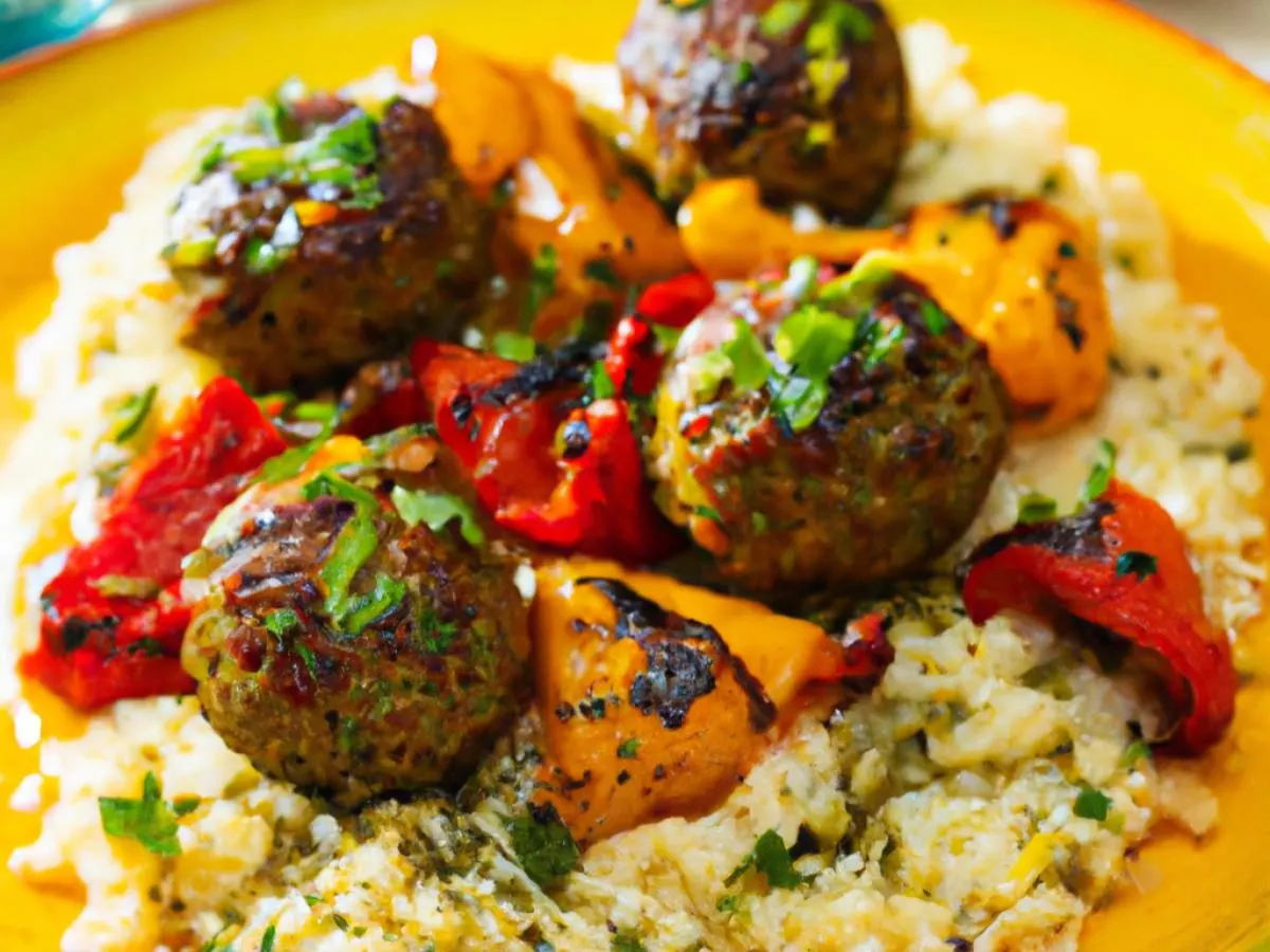Chimichurri Beef Meatballs with Golden Rice and Roasted Vegetables