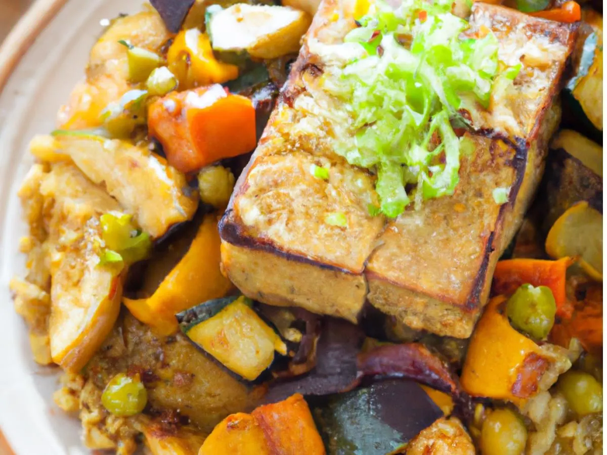 Vegan Lentil and Tofu Cassoulet with Golden Rice and Roasted Vegetables
