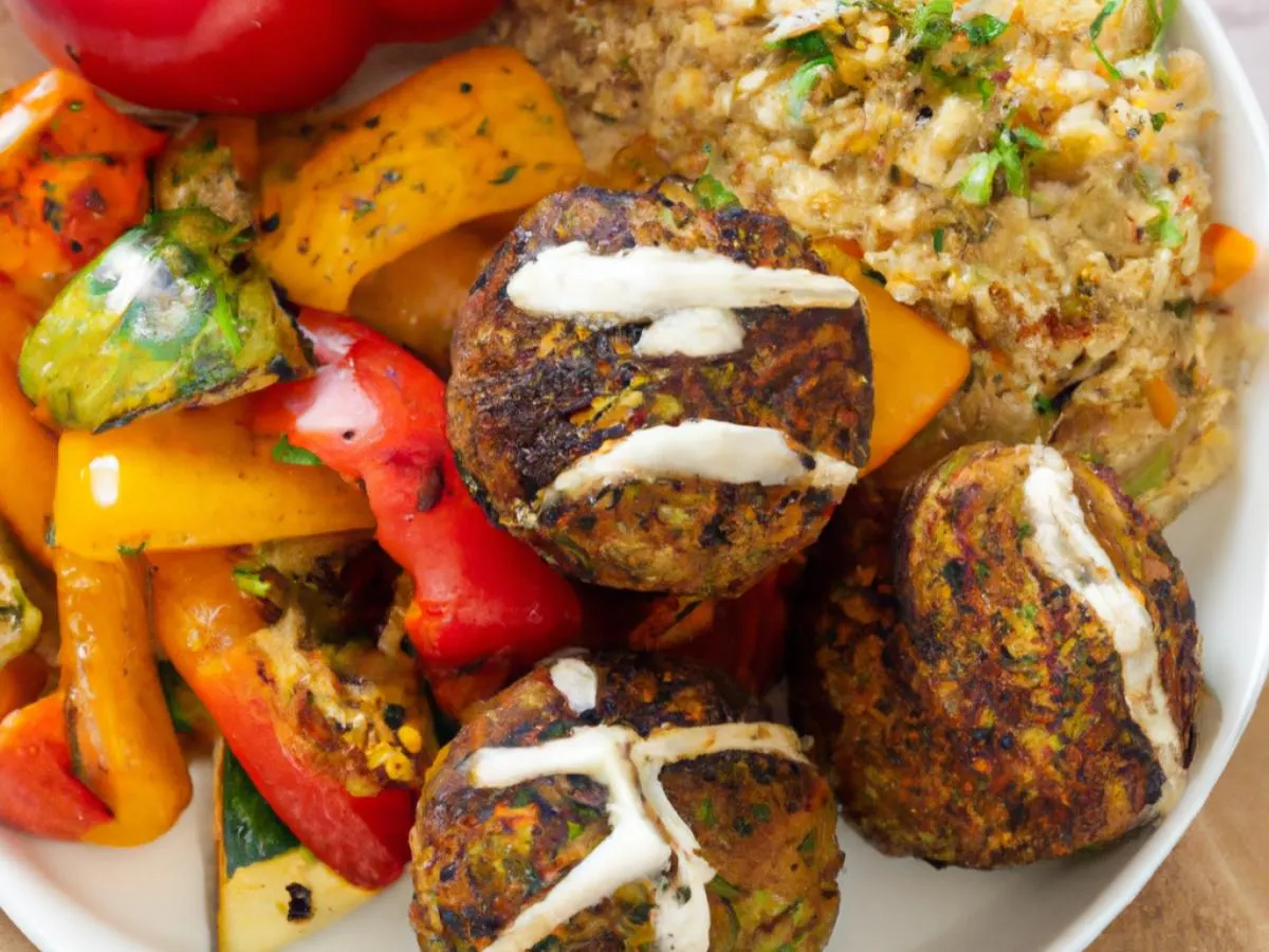 Falafel with Grilled Bell Pepper, Onions and Zucchini, Brown Rice, and Tahini Sauce