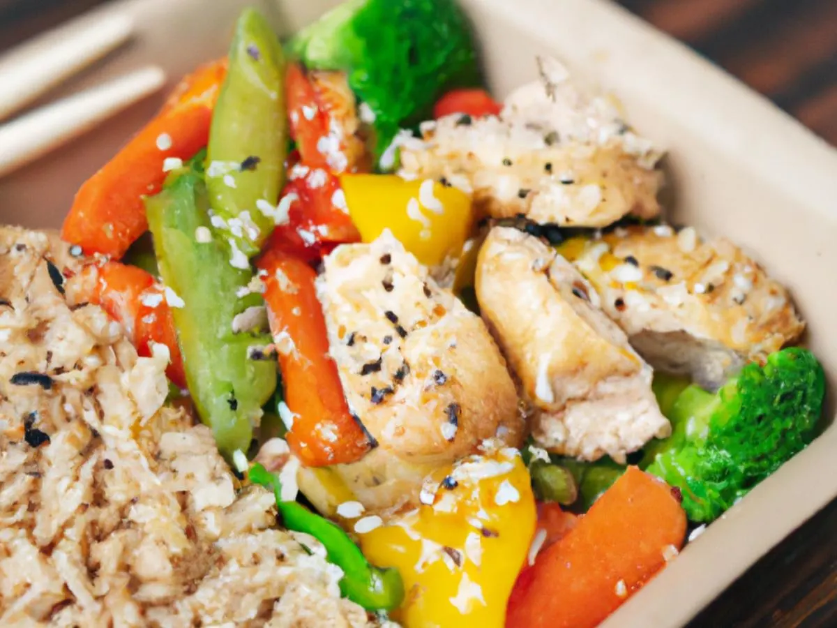 Chicken Breast with Steamed Veggies, Brown Rice and Tahini Sauce