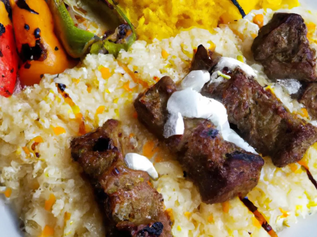 Beef Kabob with Grilled Veggies, Saffron Rice and Tzatziki Sauce
