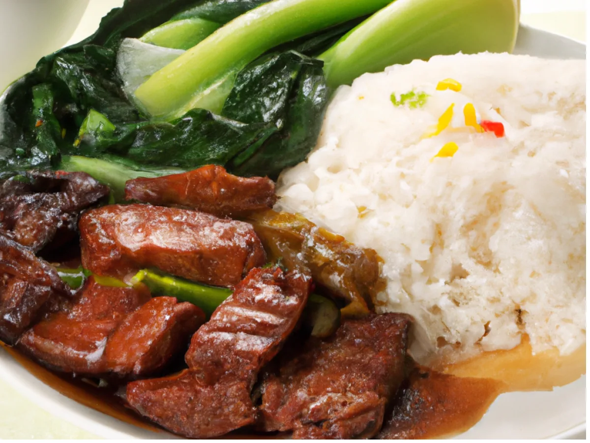 Spicy Beef and Char Siu pork with steamed rice and bok choy Spicy Beef and Char Siu pork with steamed rice and bok choy