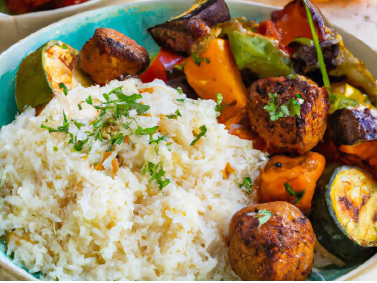 Vegan Grilled Meatball Stew & Tofu Stir Fry, Seasoned Rice, Grilled Vegetables Vegan Grilled Meatball Stew & Tofu Stir Fry, Seasoned Rice, Grilled Vegetables