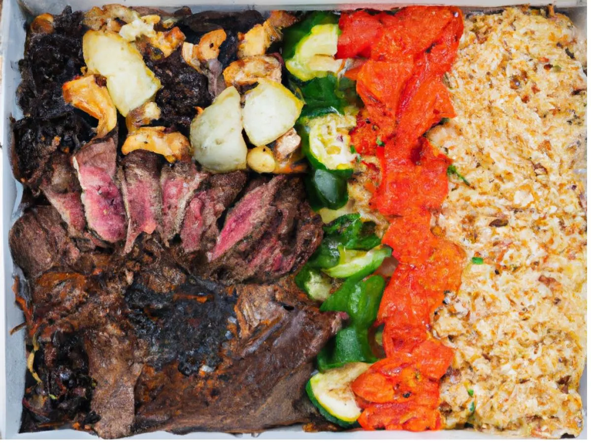 Grilled Lamb & Pulled Pork with Seasoned Mediterranean Rice, Grilled Vegetables Grilled Lamb & Pulled Pork with Seasoned Mediterranean Rice, Grilled Vegetables