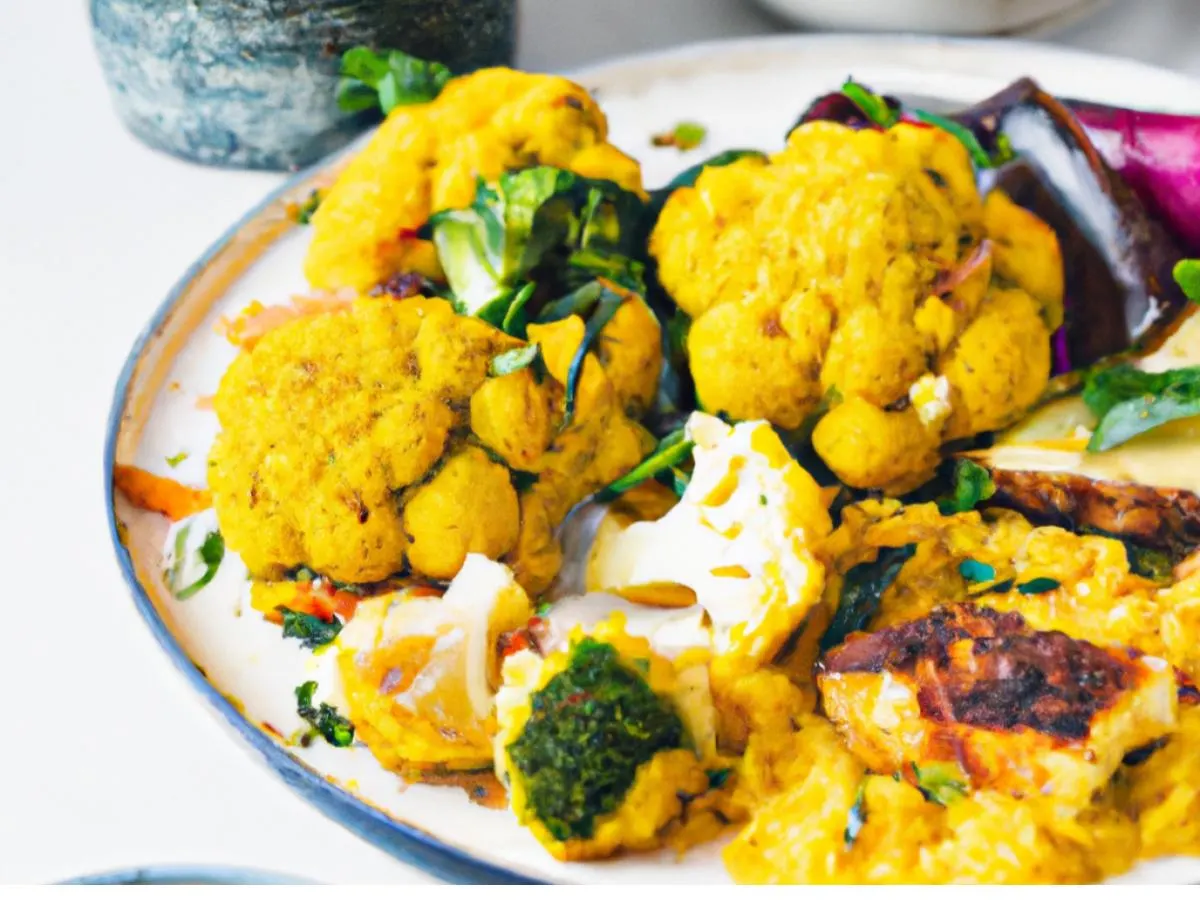 Vegetarian Cauliflower Fritters with Golden Rice and Roasted Vegetables