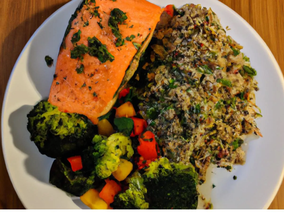Salmon with Steamed Veggies, Brown Rice and Chimichurri