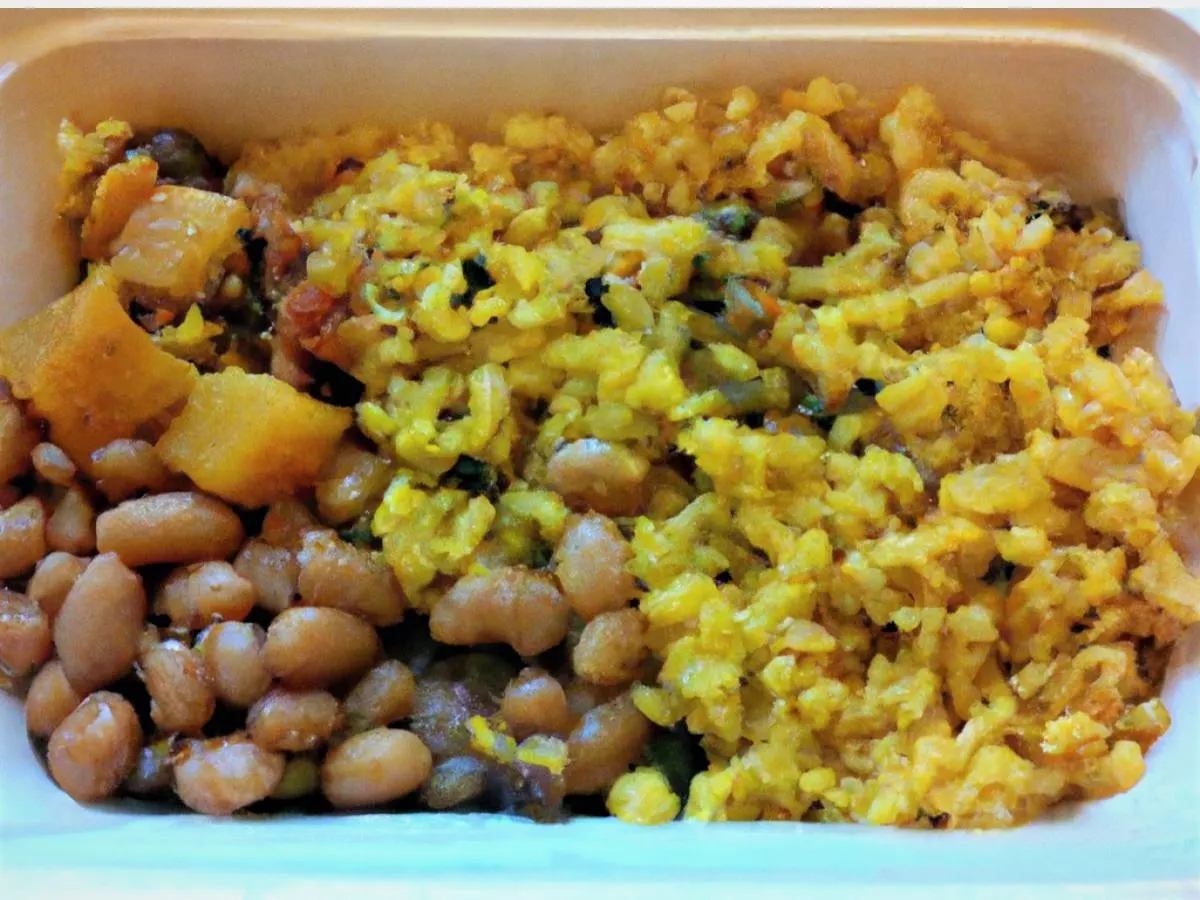 Vegan White Bean Stew with Golden Rice and Roasted Vegetables