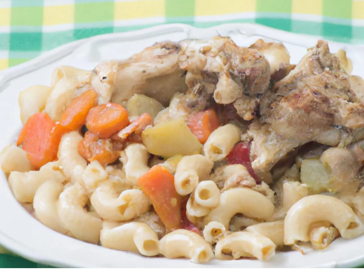 Stew Chicken with Macaroni salad and Root Veg Medley Stew Chicken with Macaroni salad and Root Veg Medley