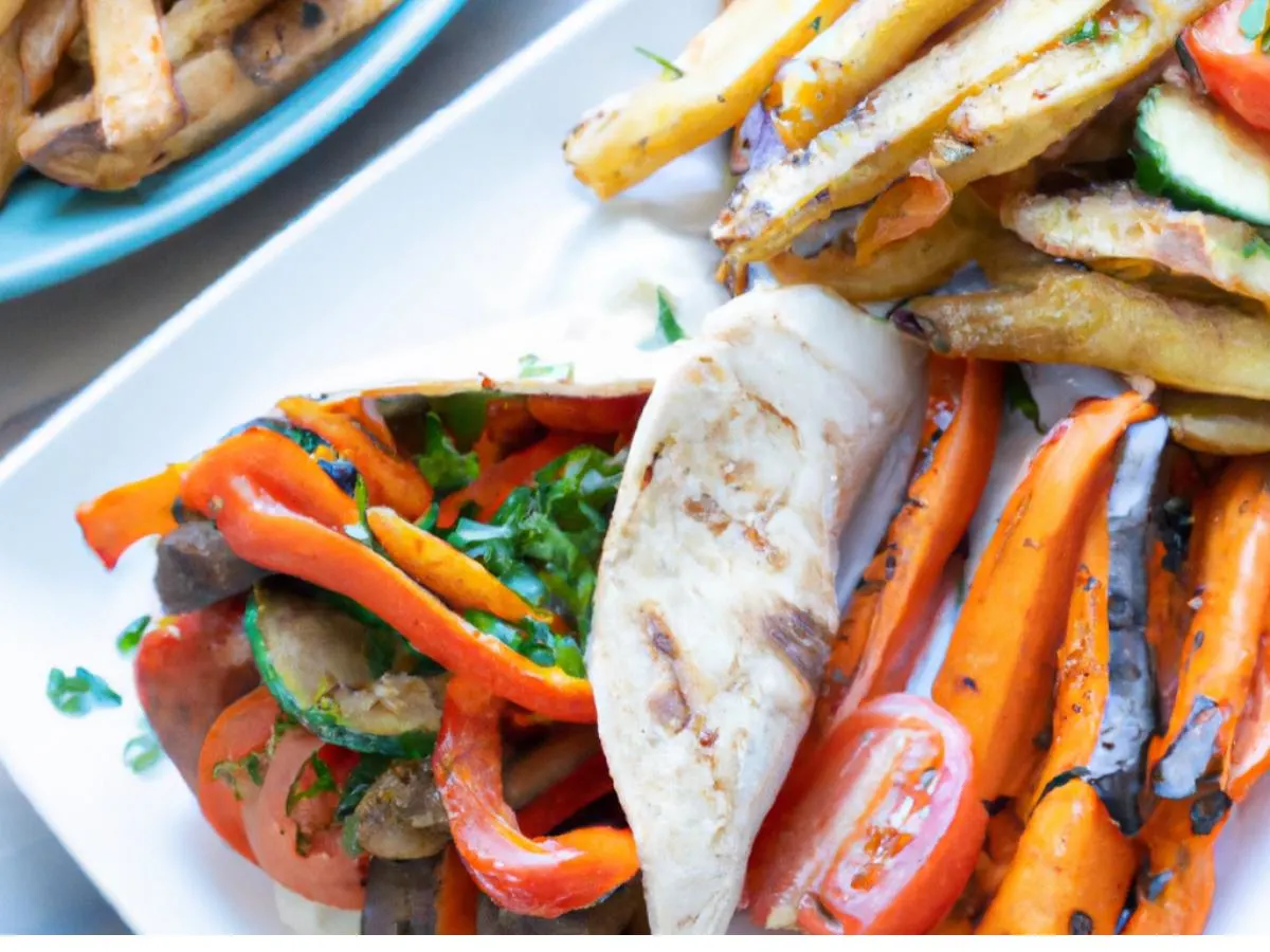 Vegan Meatless Gyro With Sweet Potato Fries and Grilled Vegetables with Pita Vegan Meatless Gyro With Sweet Potato Fries and Grilled Vegetables with Pita