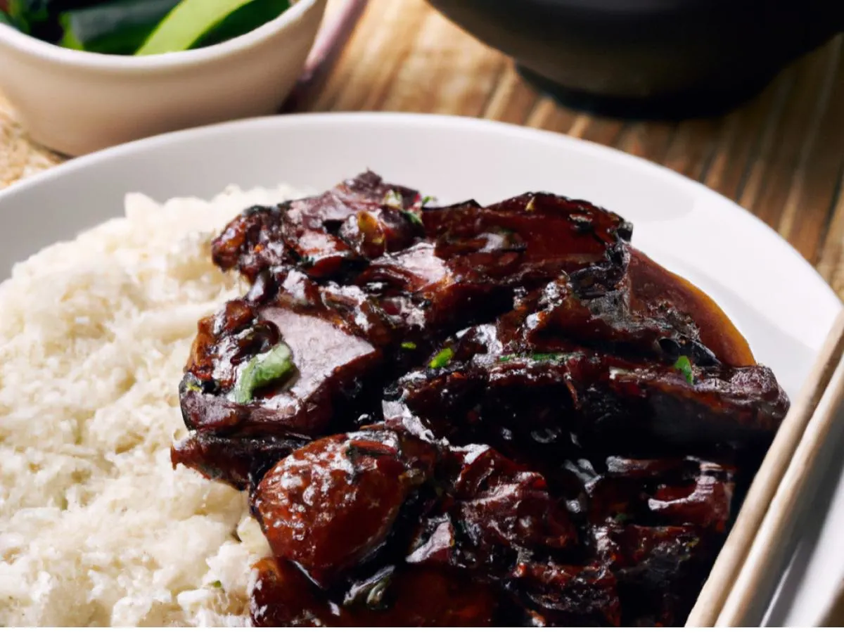 Spicy Beef and Char Siu Pork with steamed brown rice and bok choy Spicy Beef and Char Siu Pork with steamed brown rice and bok choy