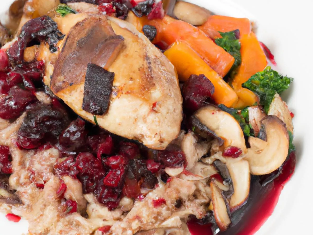 Halal Grilled Chicken, Cranberry Glaze, Wild Rice, & Roasted Vegetables