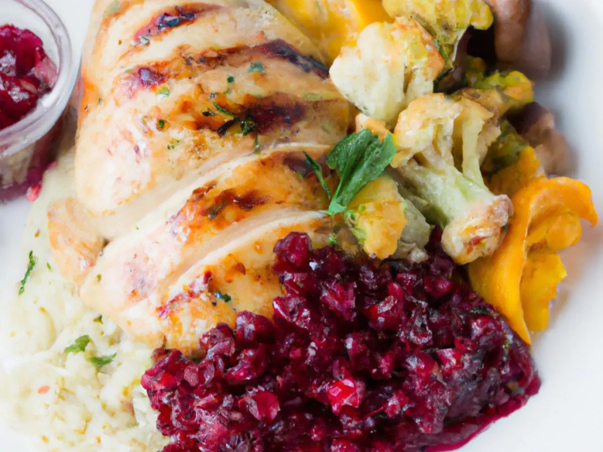 Light Carb Grilled Chicken, Cranberry Glaze, Cauliflower Rice, & Vegetables