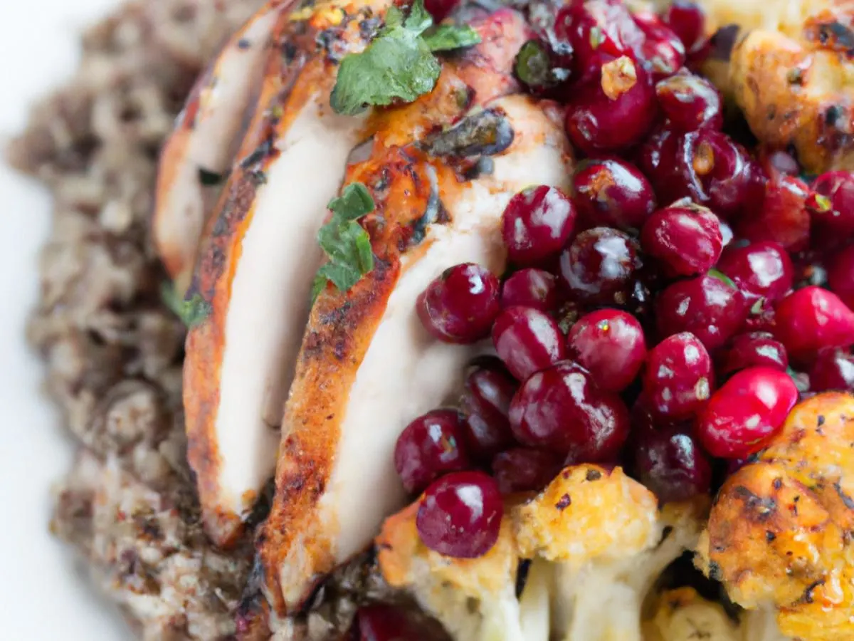 Halal Light Carb Grilled Chicken, Cranberry Glaze, Cauliflower Rice, & Vegetable