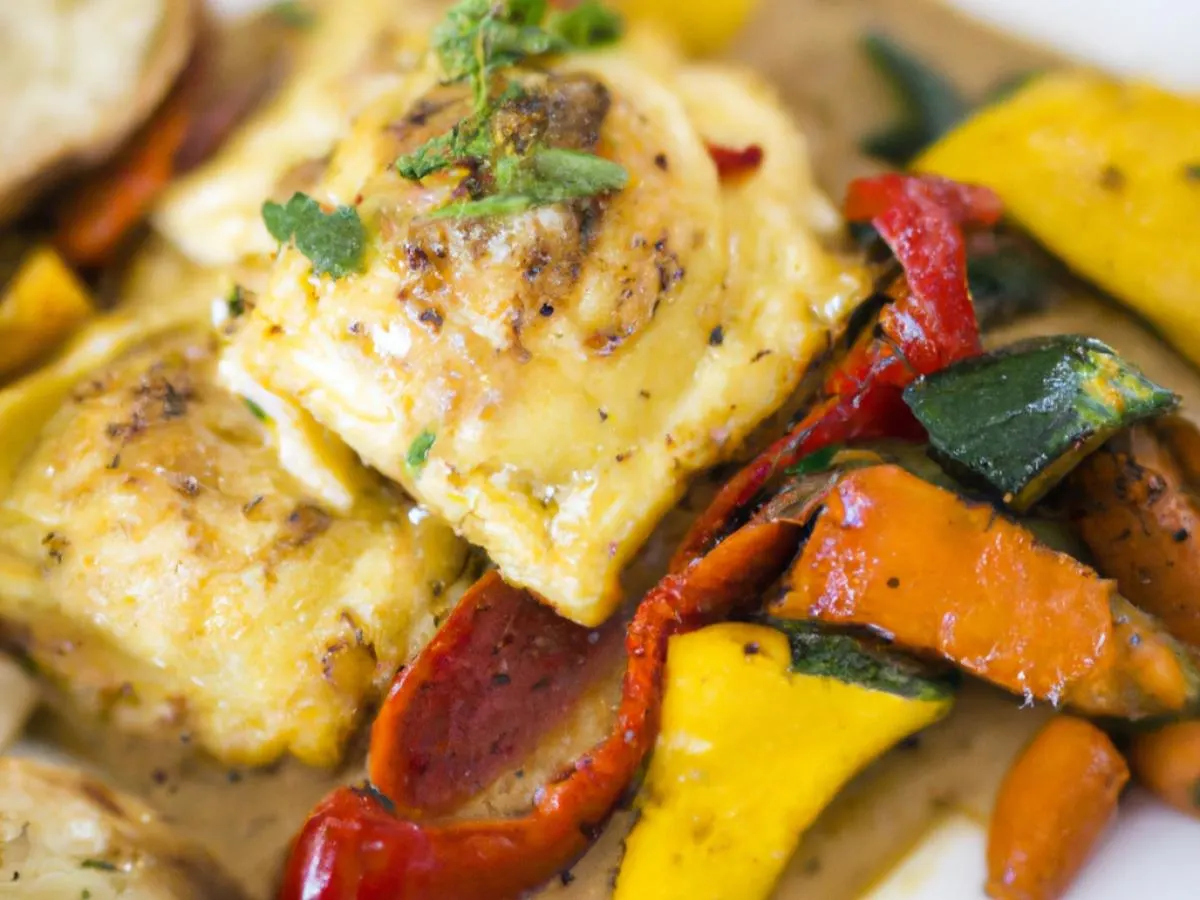 Lobster Ravioli with Lemon Brown Butter Sauce, Roasted Vegetables & Garlic Bread