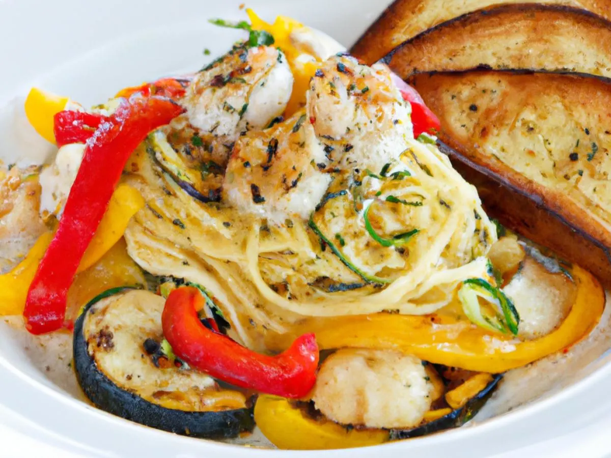 Shrimp Scampi with Angel Hair Pasta, Roasted Vegetable Medley and Garlic Bread