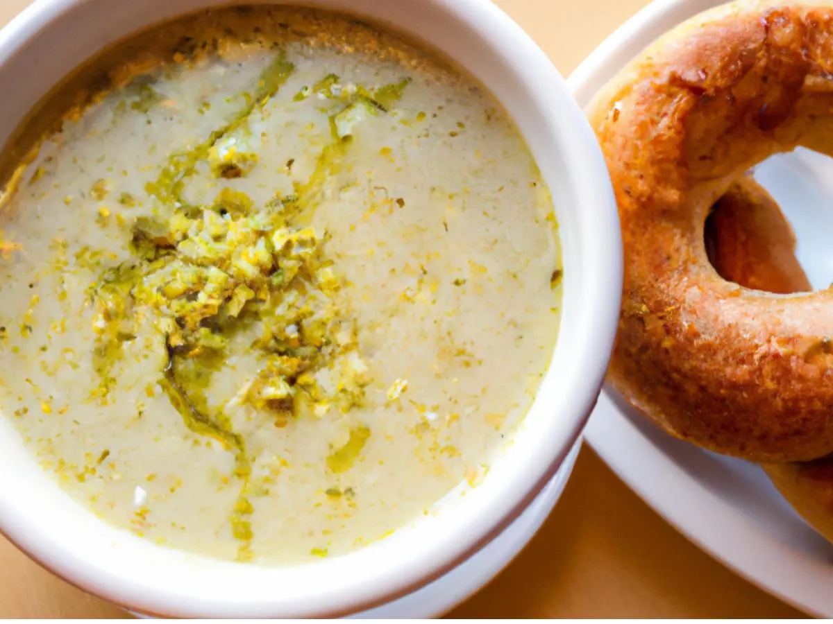 Bowl of Chicken and Pistachio Soup with Sesame Seed Bagel Bowl of Chicken and Pistachio Soup with Sesame Seed Bagel