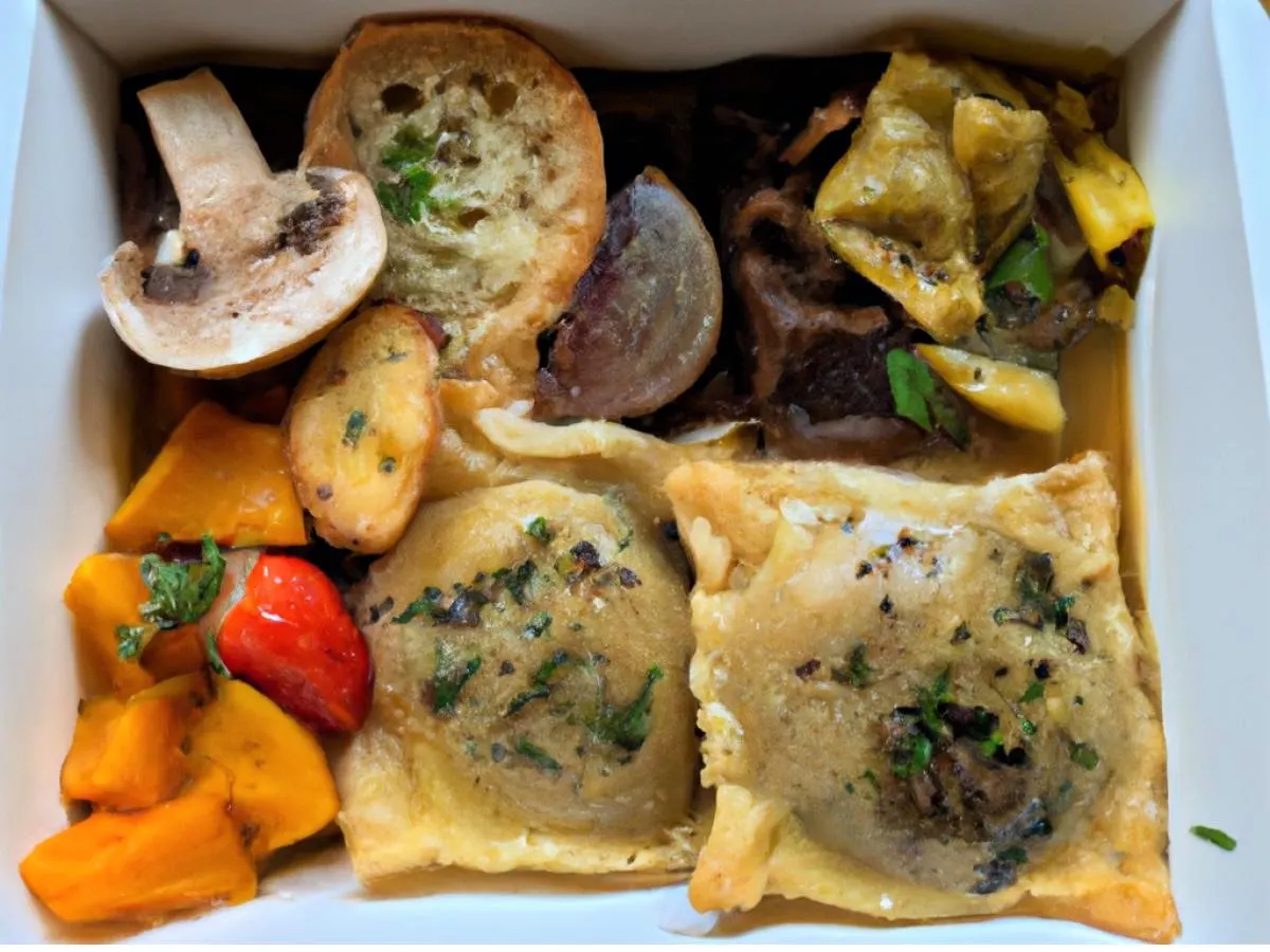 Portobello Mushroom Ravioli, Sage Brown Butter, Roasted Vegetable & Garlic Bread