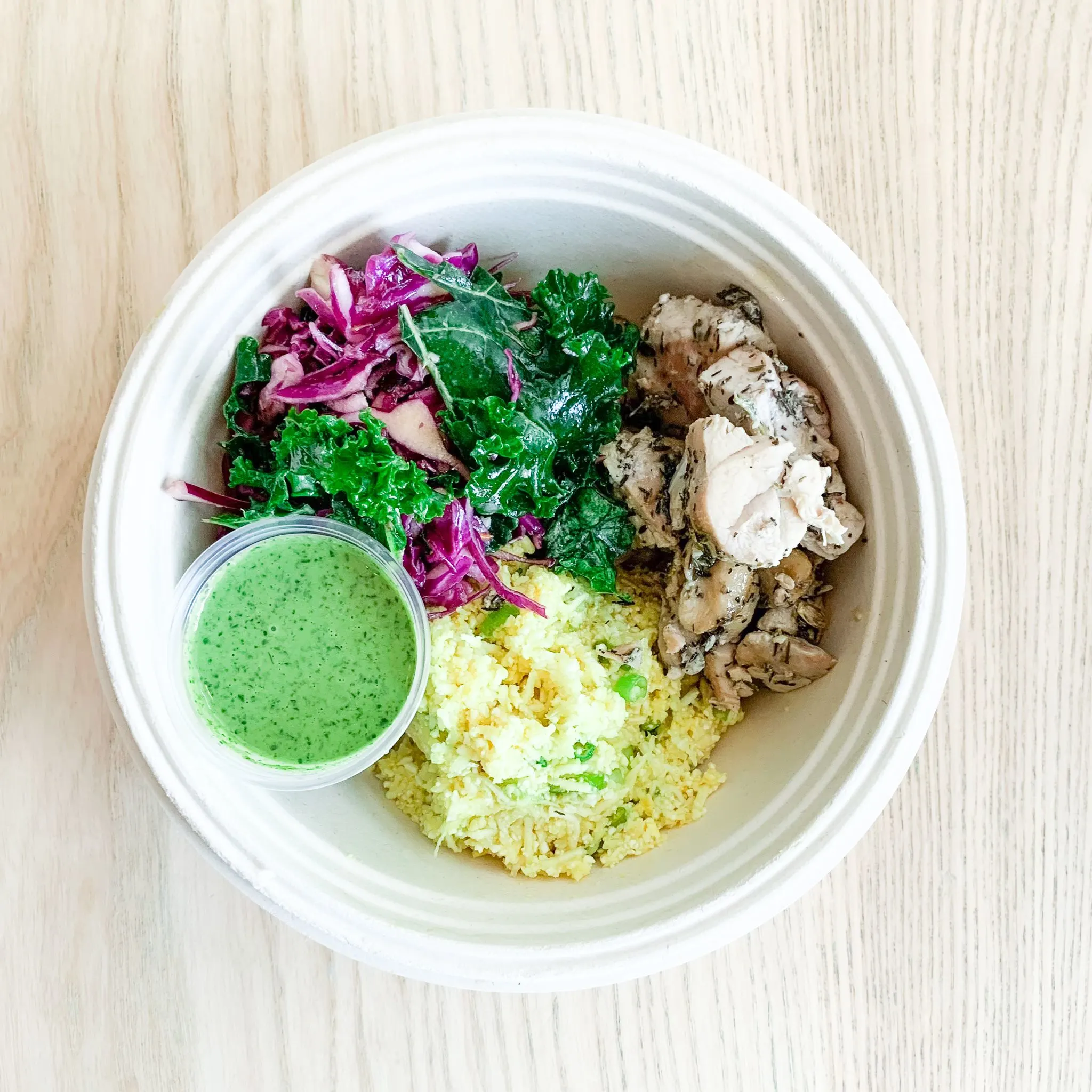 Macro Bowl: Double Chicken, Sweet Potatoes, Cauliflower Rice, avocado goddess Macro Bowl: Double Chicken, Sweet Potatoes, Cauliflower Rice, avocado goddess