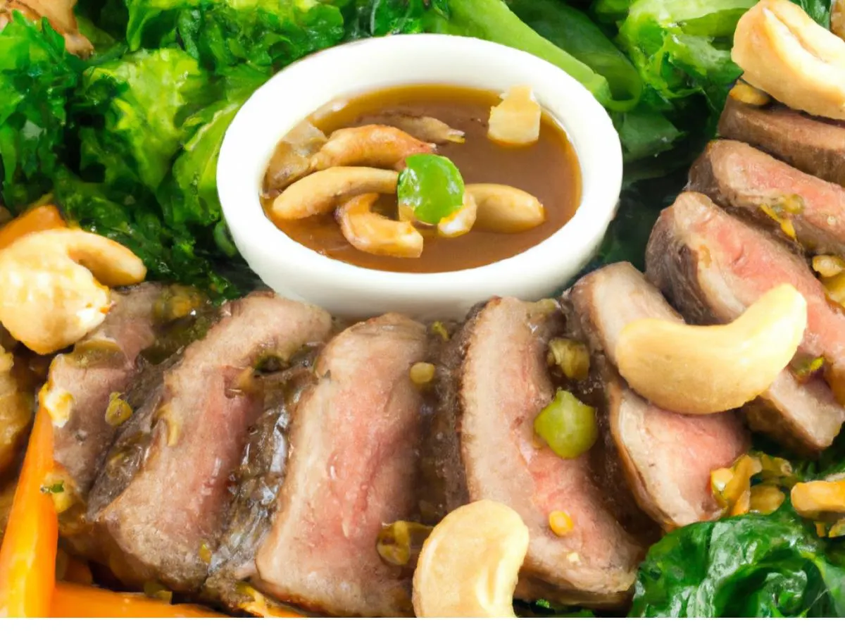 Teriyaki Beef Salad with Broccoli, Carrots, Wontons, Cashews and Asian Ginger Dressing.