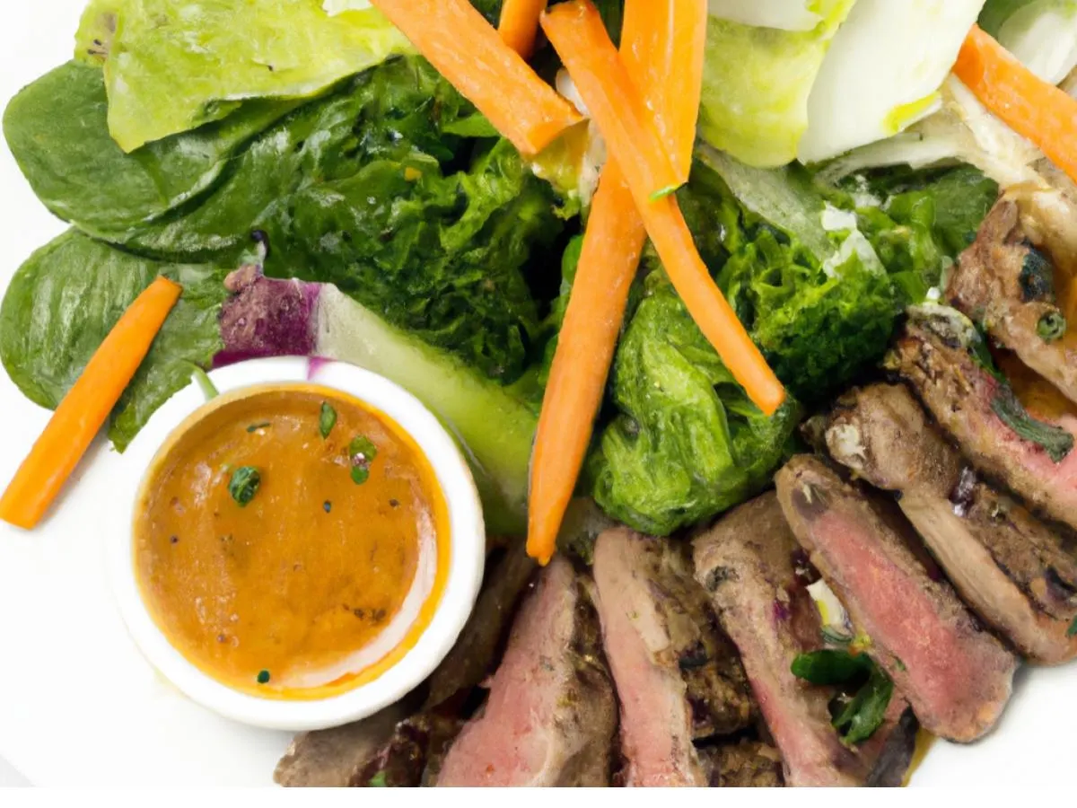 Teriyaki Beef Salad with Broccoli, Carrots, Wontons and Asian Ginger Dressing (No Nuts)