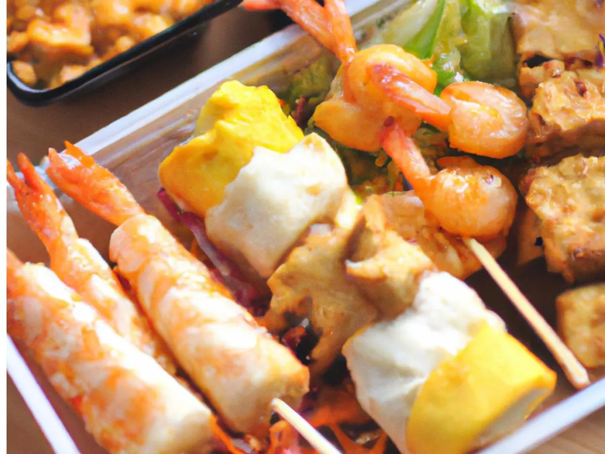 Chicken Satay, Fresh Roll Shrimp, Vegetarian Roll With Sweet And Sour Sauce Chicken Satay, Fresh Roll Shrimp, Vegetarian Roll With Sweet And Sour Sauce
