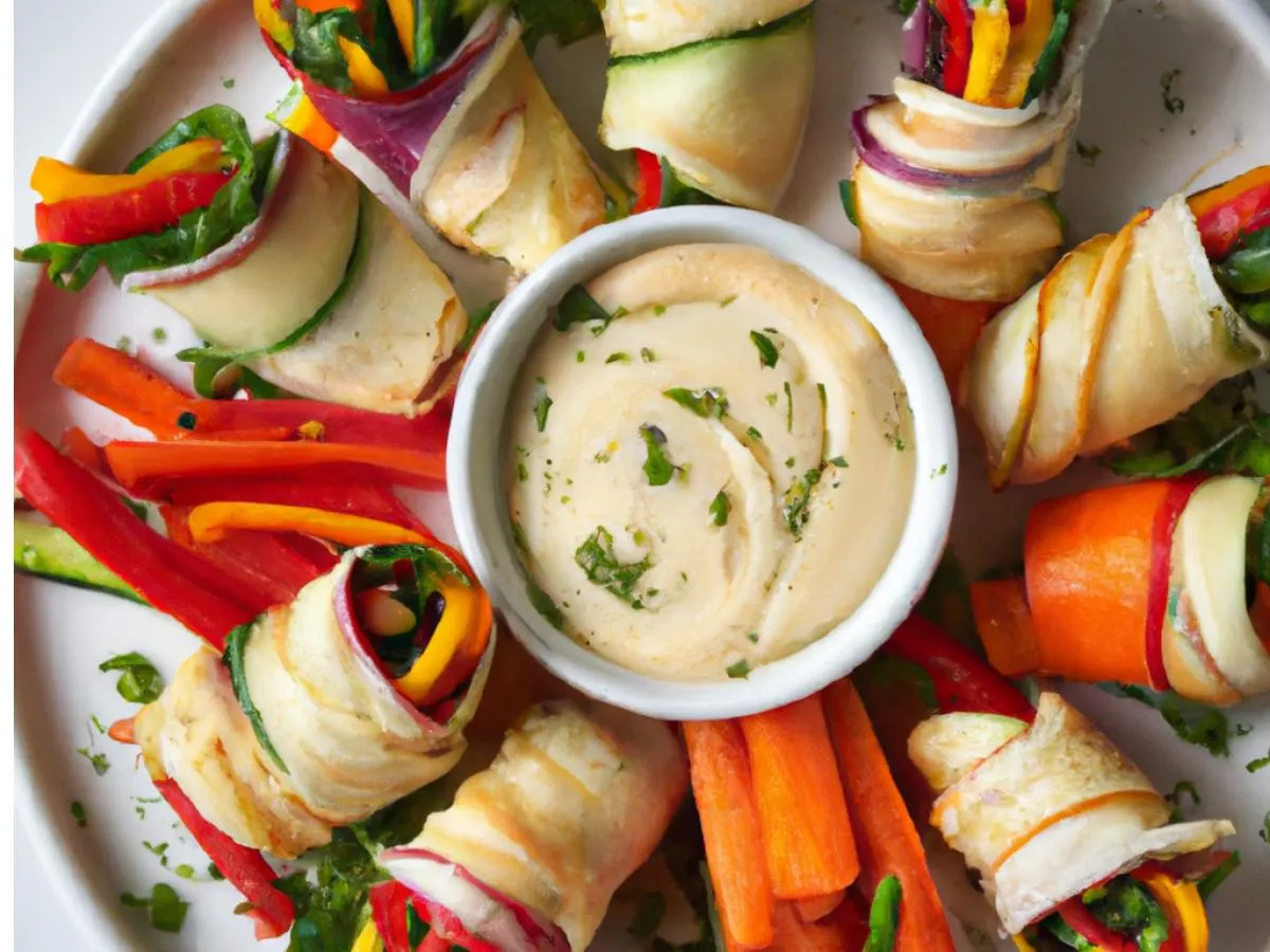 Vegan Roasted Vegetable Pinwheels, Fresh Fruit, Crudite, Vegan Ranch Dip