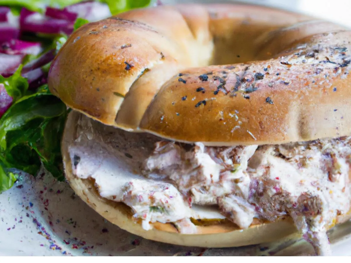 Halal Everything Bagel Saffron Chicken Shawarma Sandwich with Side Salad Halal Everything Bagel Saffron Chicken Shawarma Sandwich with Side Salad